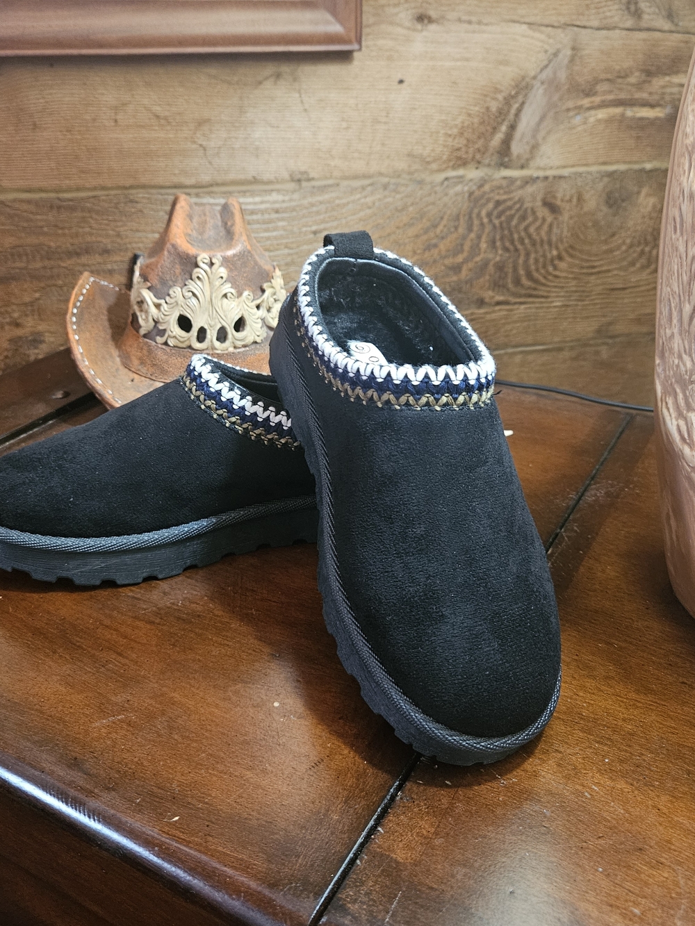 Womans Black Suede Slip-On Slippers/shoes with Contrast Trim